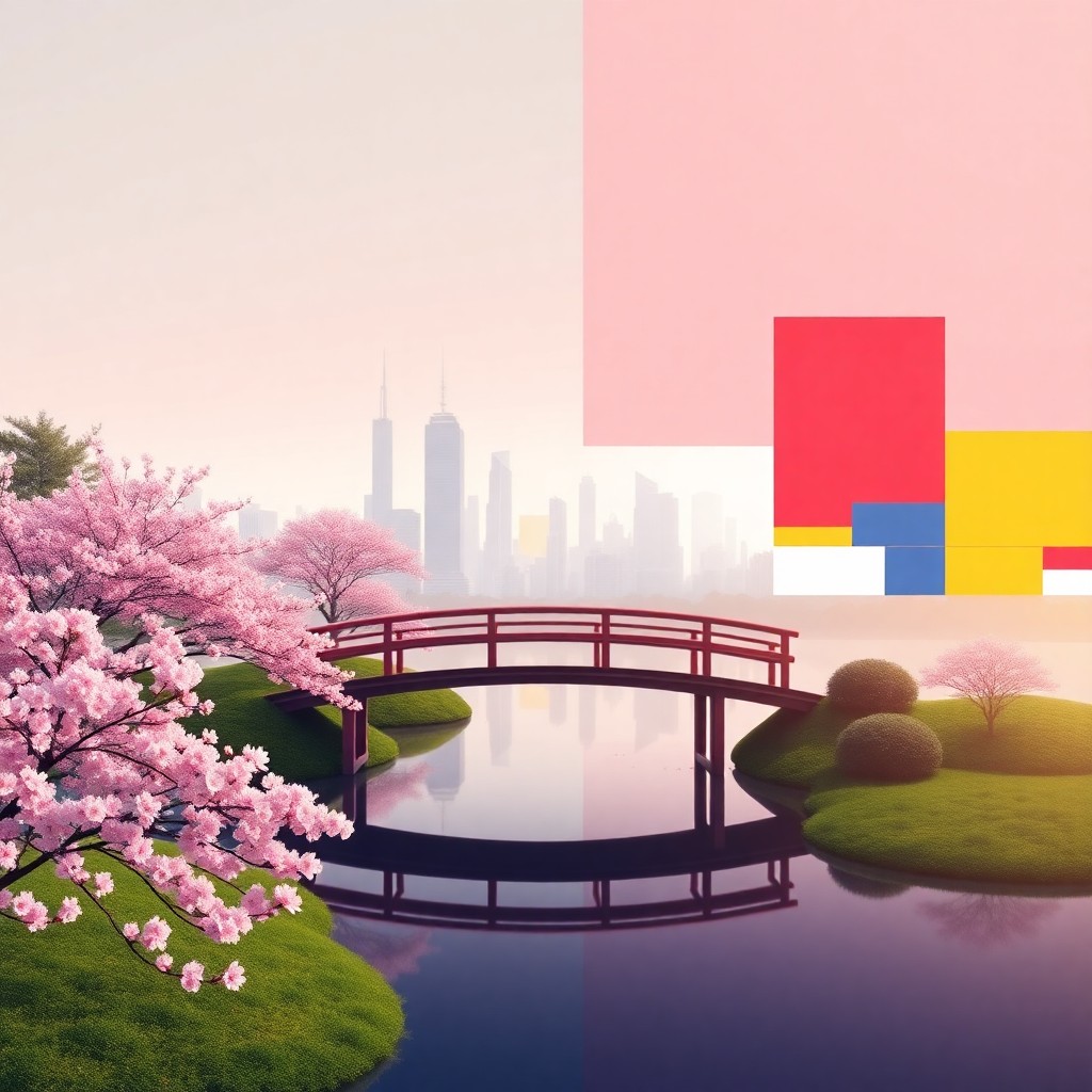 AI generated art for prompt: An image showcasing a harmonious blend of minimalist Japanese aesthetics with vibrant anime influenc