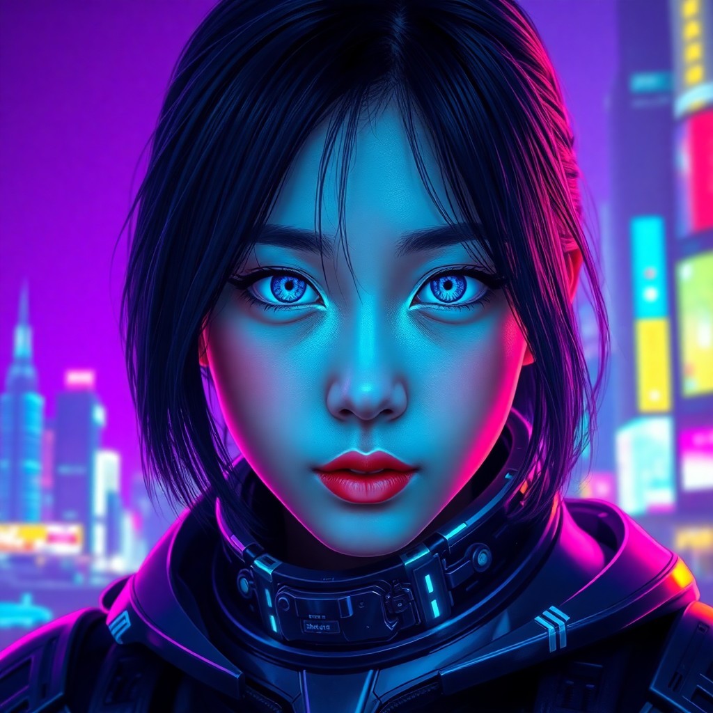 AI generated art for prompt: Craft an image embodying cyberpunk digital art aesthetics, portraying a close-up portrait of a Korea