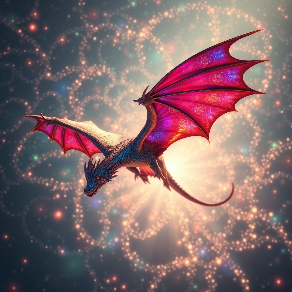 AI generated art for prompt: A majestic mythical creature soars across a stunning display of celestial lights, its scales reflect