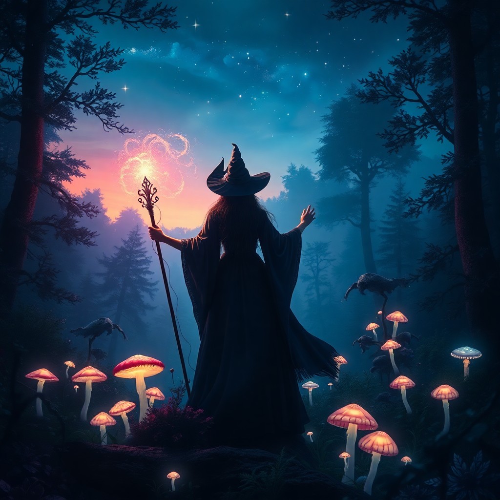 AI generated art for prompt: In the captivating style of an enchanting fairy tale painting, depict a mysterious sorceress standin