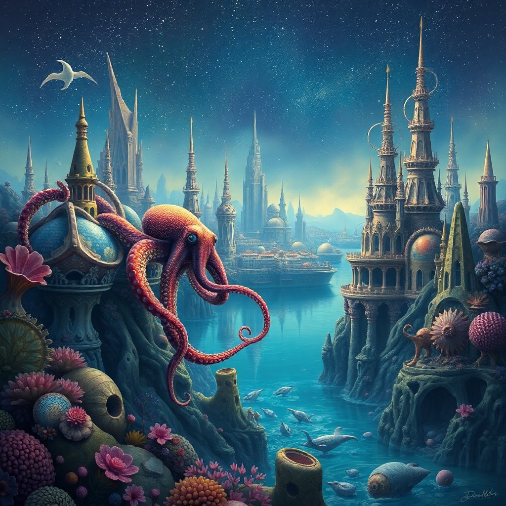 AI generated art for prompt: In this surreal aquatic landscape, an octopus gracefully navigates through an intricate underwater m