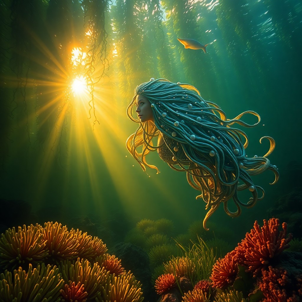 AI generated art for prompt: A tranquil underwater world bathed in golden light filters through dense kelp forests, casting elong