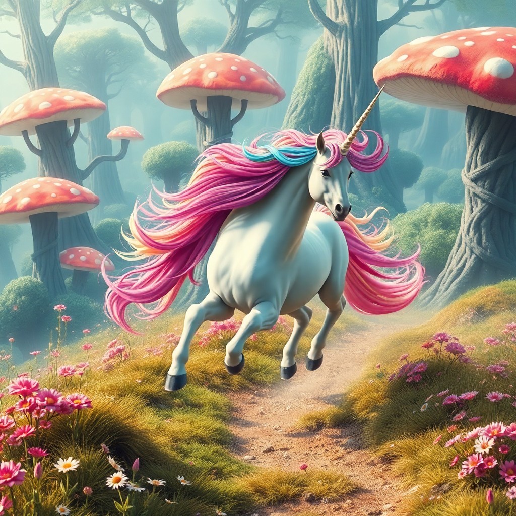 AI generated art for prompt: Create an enchanting digital artwork depicting a majestic unicorn galloping swiftly through a mesmer