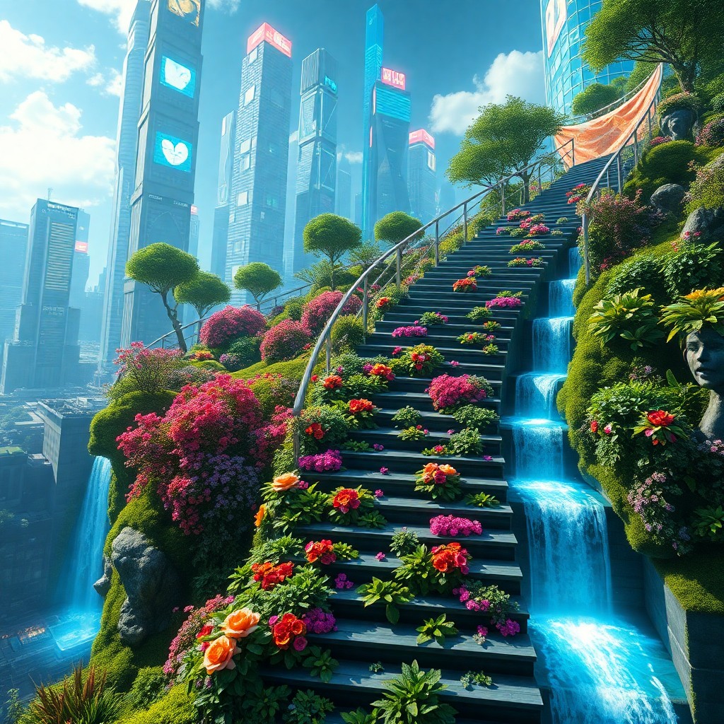 AI generated art for prompt: A surreal digital art piece depicting an ethereal garden oasis intertwined with a futuristic citysca