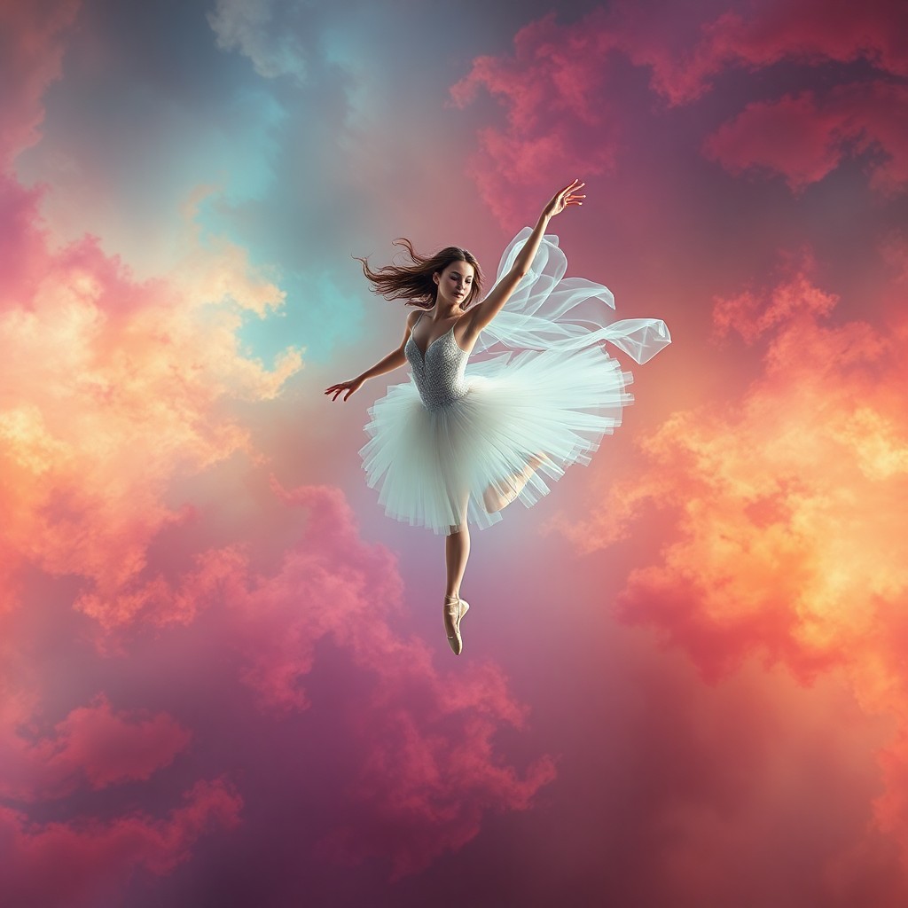 AI generated art for prompt: A surreal digital artwork showcases an ethereal ballet dancer levitating amidst a tempestuous vortex