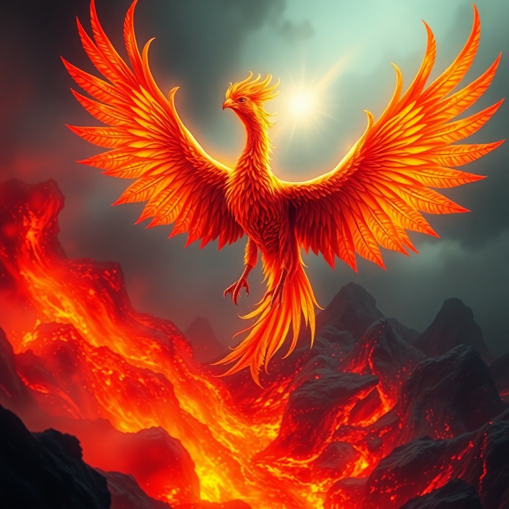 AI generated art for prompt: In the style of a captivating mythical scene, a resplendent phoenix with intricate and vibrant pluma