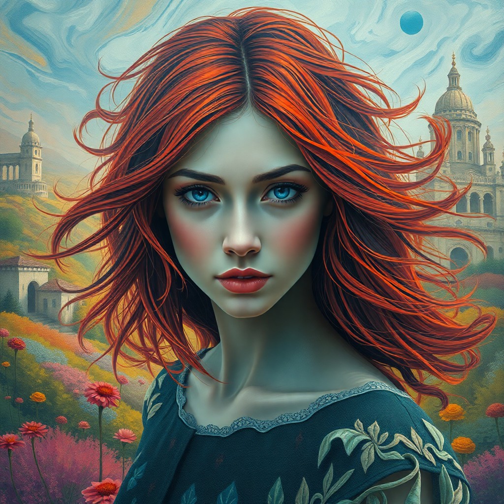 AI generated art for prompt: A mesmerizing portrait captures a woman with vibrant, flowing hair in an otherworldly landscape, whe