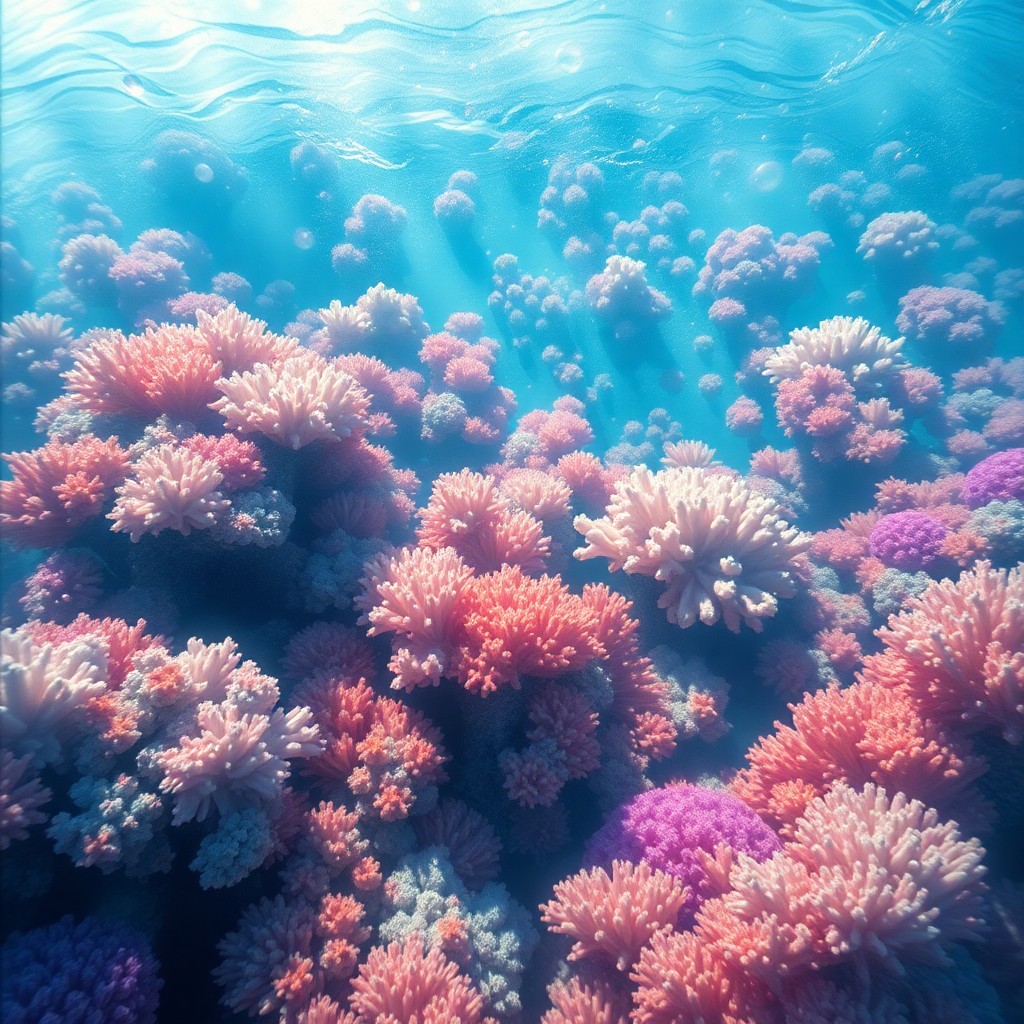 AI generated art for prompt: An enchanting digital artwork portrays an ethereal underwater realm where a vivid coral landscape fl