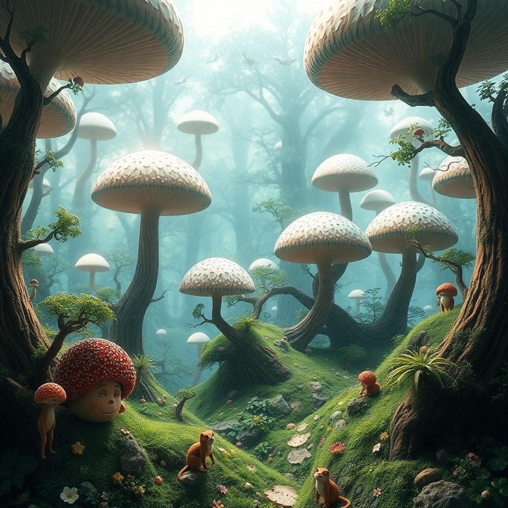 AI generated art for prompt: A mesmerizing digital artwork depicts an enchanting forest where colossal mushrooms rise above mysti