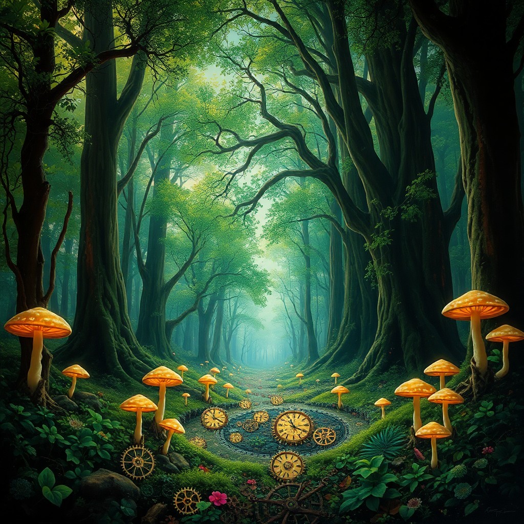 AI generated art for prompt: Imagine an enchanting oil painting where a serene forest merges with intricate clockwork mechanisms.