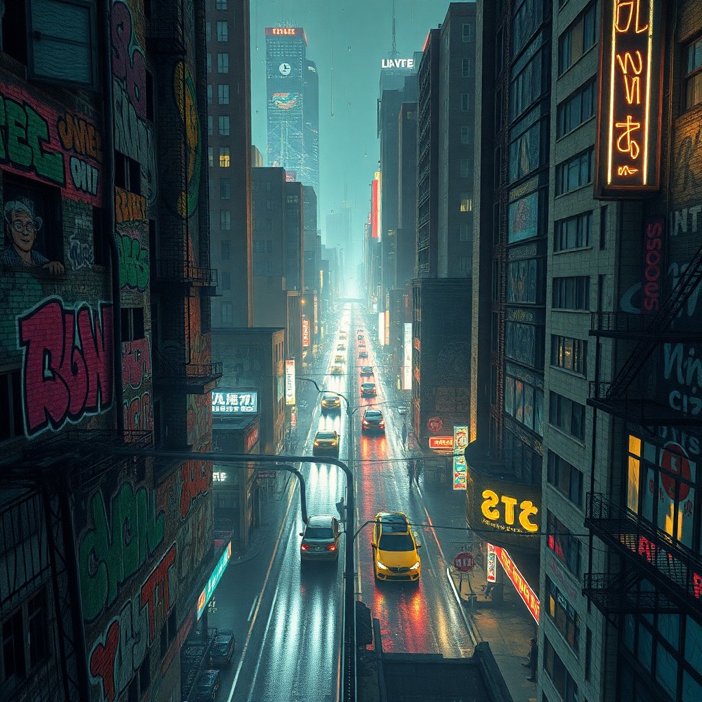 AI generated art for prompt: Depict an urban dystopia through the lens of an animated noir film, with towering structures adorned