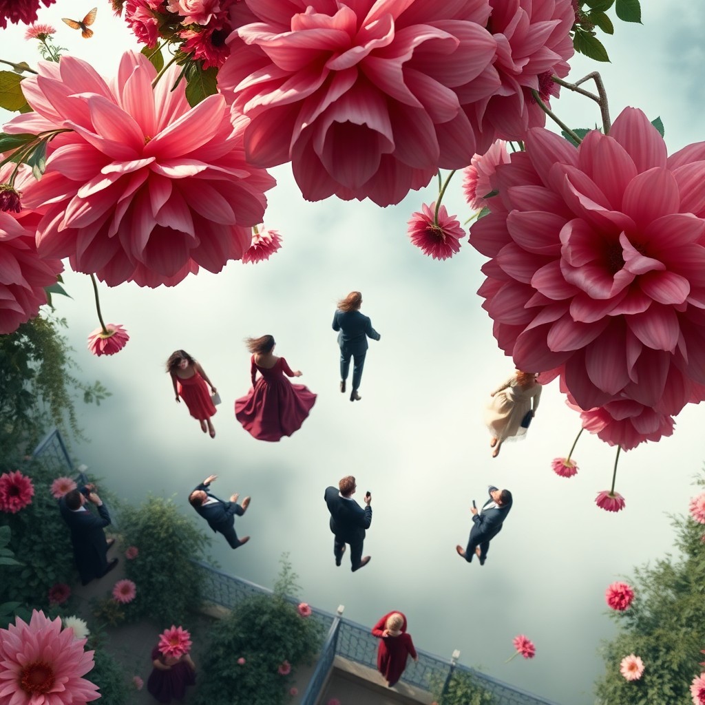 AI generated art for prompt: Create an image capturing surreal whimsy, showcasing an aerial view of an inverted garden party. Lev