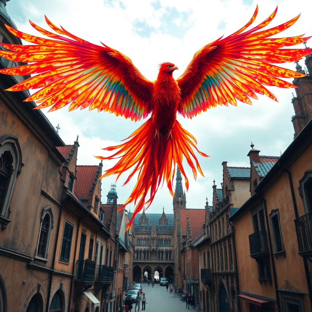 AI generated art for prompt: A breathtaking image unfolds, showcasing an awe-inspiring phoenix soaring majestically above a livel