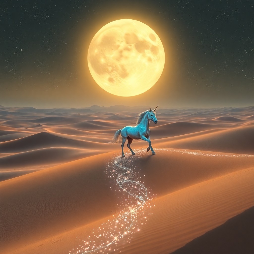 AI generated art for prompt: A surreal dreamscape featuring a majestic unicorn gracefully traversing an expansive desert landscap