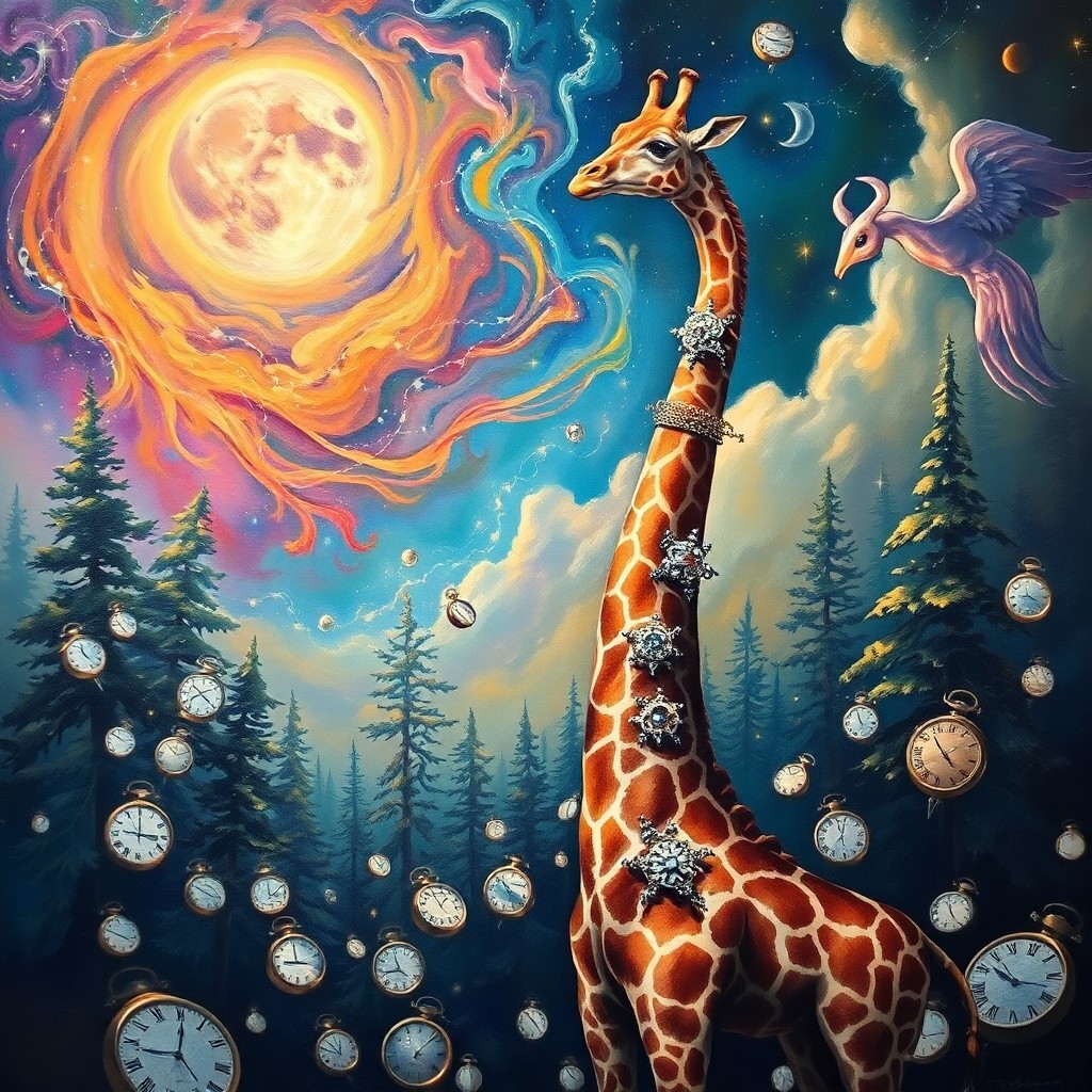 AI generated art for prompt: A mesmerizing oil painting captures an alluring dreamscape where a majestic giraffe adorned with shi