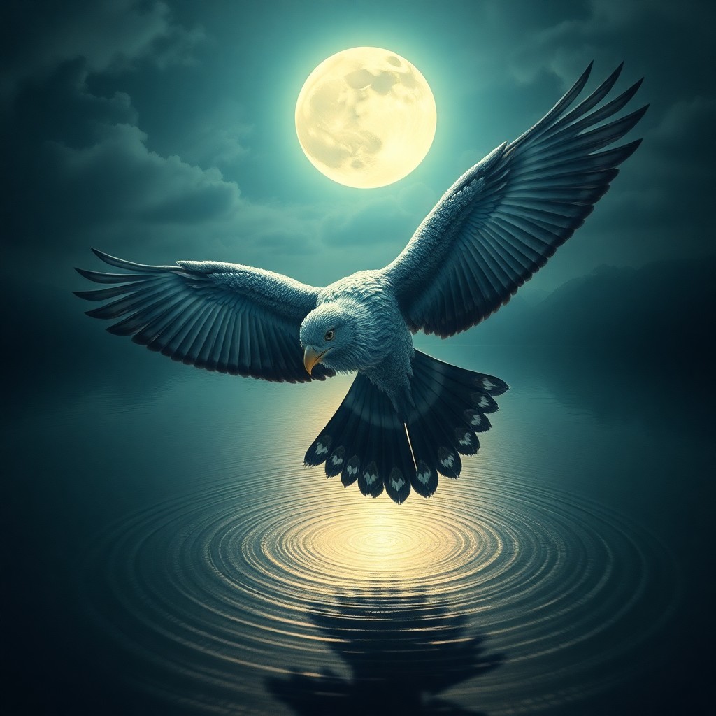 AI generated art for prompt: An awe-inspiring surrealist scene depicts a majestic avian creature soaring above a tranquil moonlit