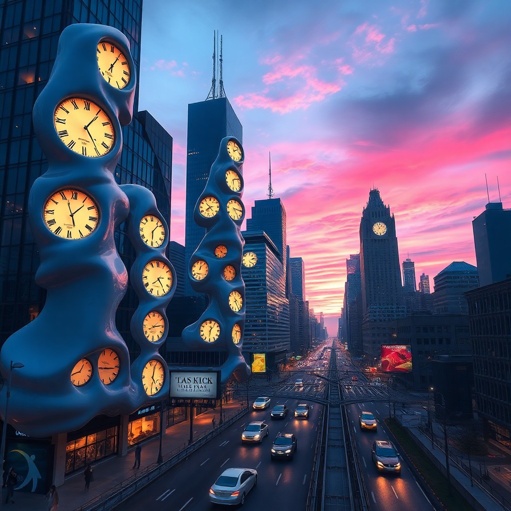 AI generated art for prompt: Craft an image in a surrealistic manner, reminiscent of melting clocks, depicting a cityscape at dus