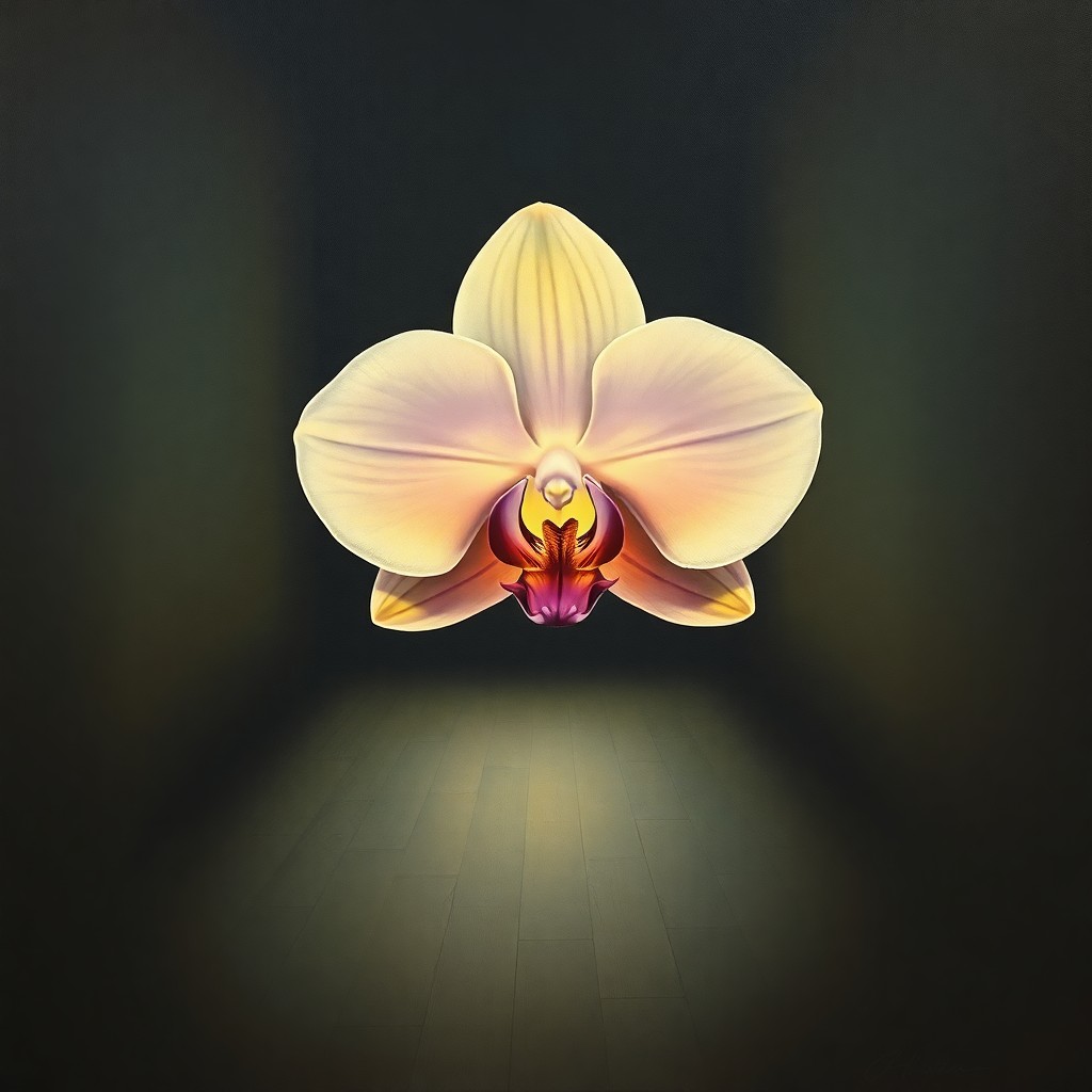 AI generated art for prompt: A mesmerizing surrealist oil painting captures the viewer's attention with an enigmatic orchid flowe