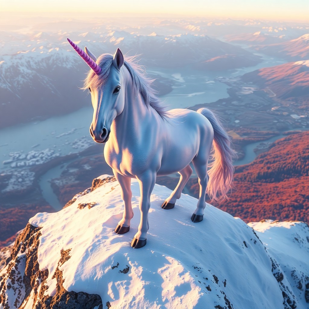 AI generated art for prompt: In this enchanting digital artwork, a majestic unicorn stands atop a snow-capped mountain peak durin