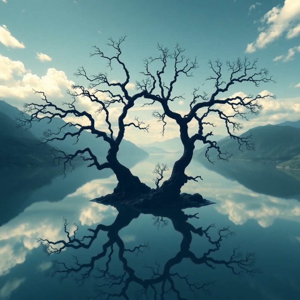 AI generated art for prompt: A mesmerizing digital artwork captures a surreal landscape where an imposing tree rises from the hea