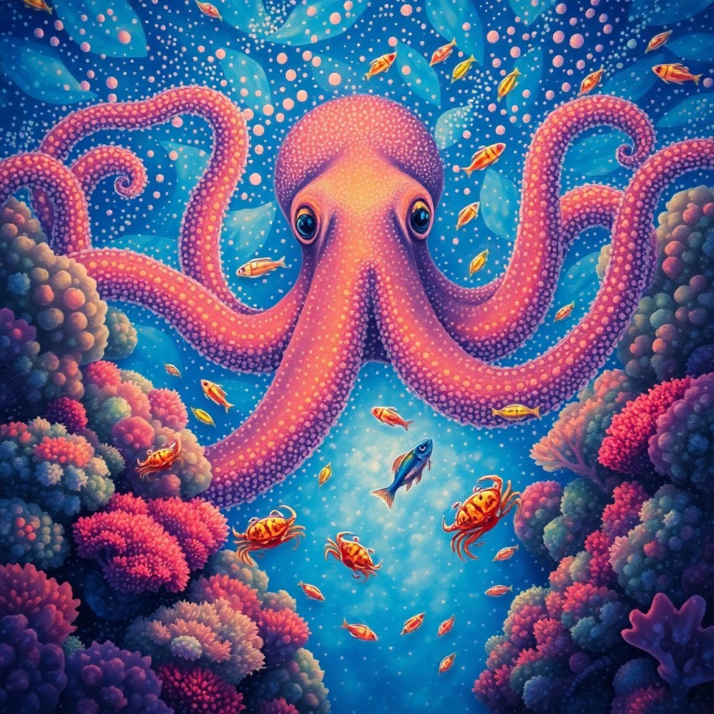 AI generated art for prompt: Imagine an awe-inspiring underwater tableau viewed through an octopus's eyes, where gentle coral ree