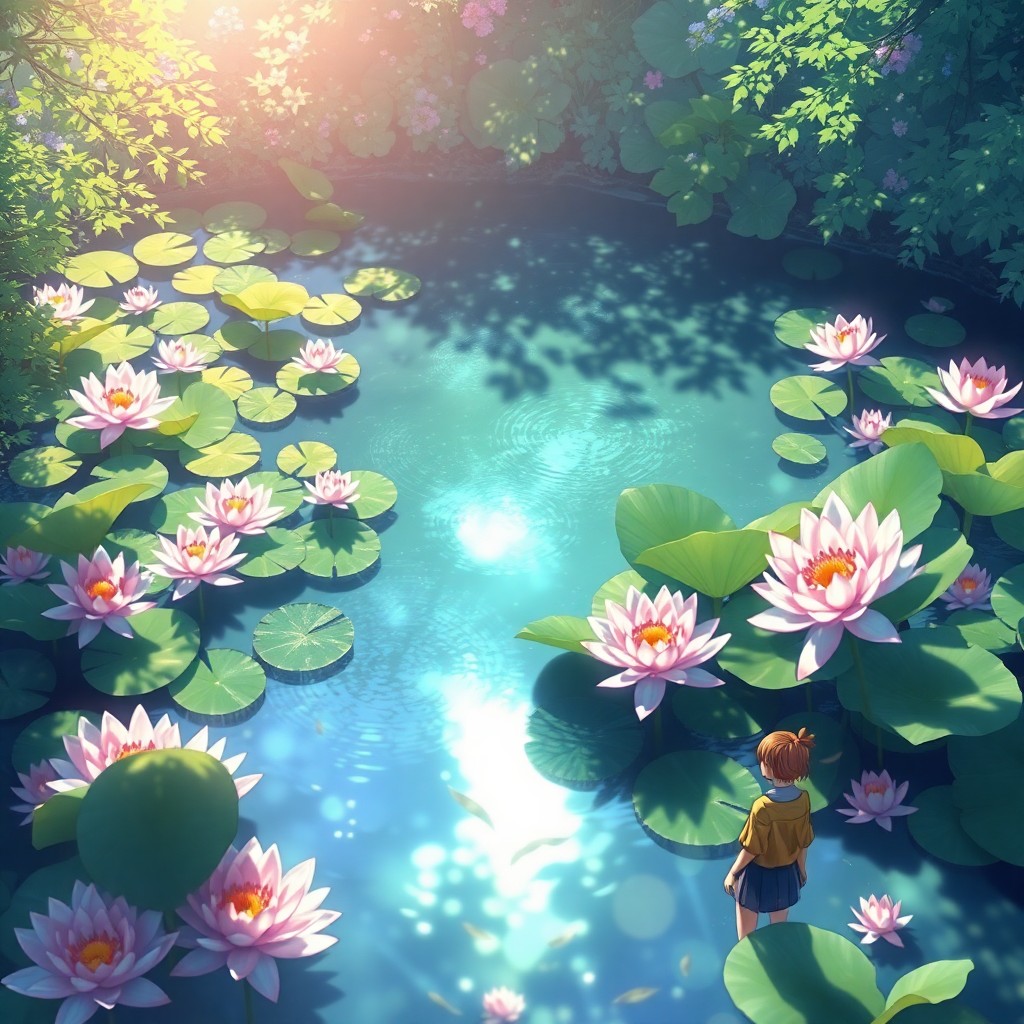 AI generated art for prompt: Craft an image that merges Monet's renowned pond scene with vibrant anime aesthetics. Depict a tranq