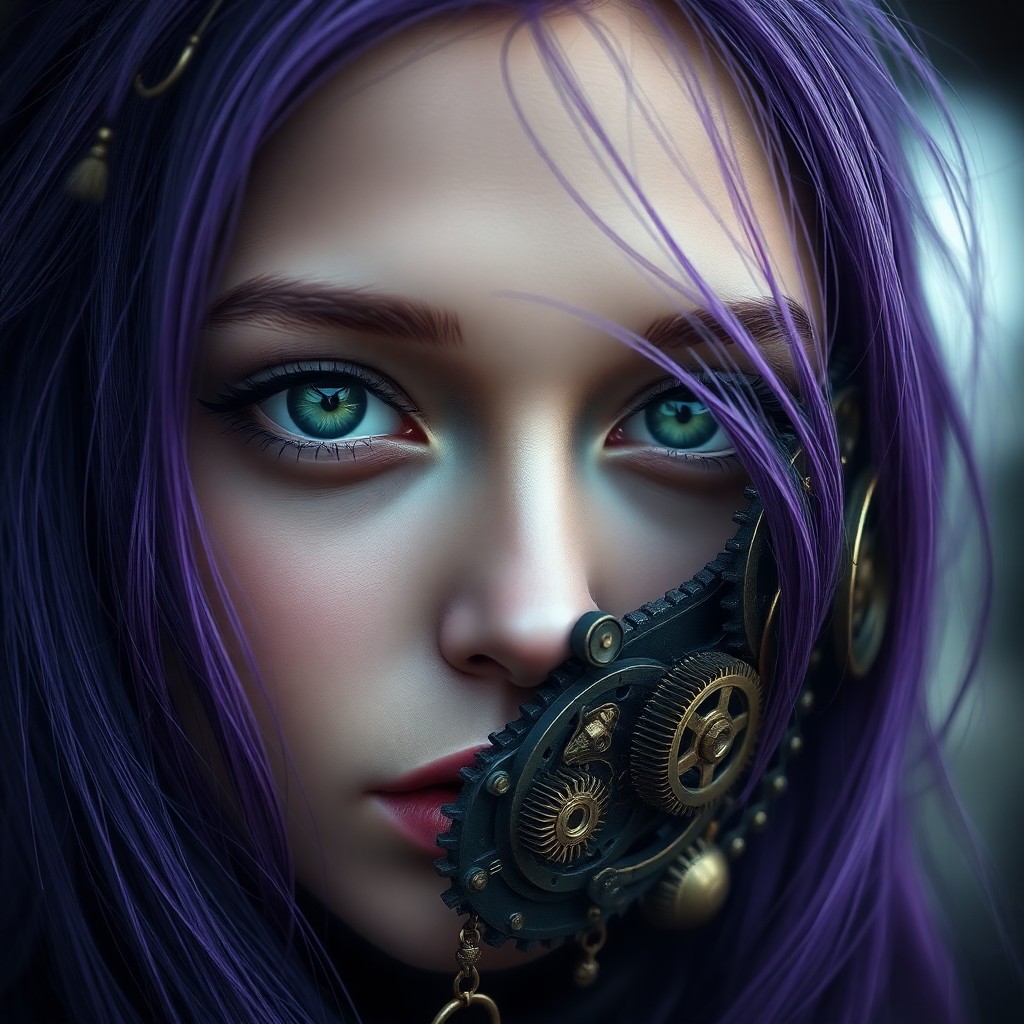 AI generated art for prompt: A surreal digital art portrait features a young woman with striking purple hair and alluring emerald