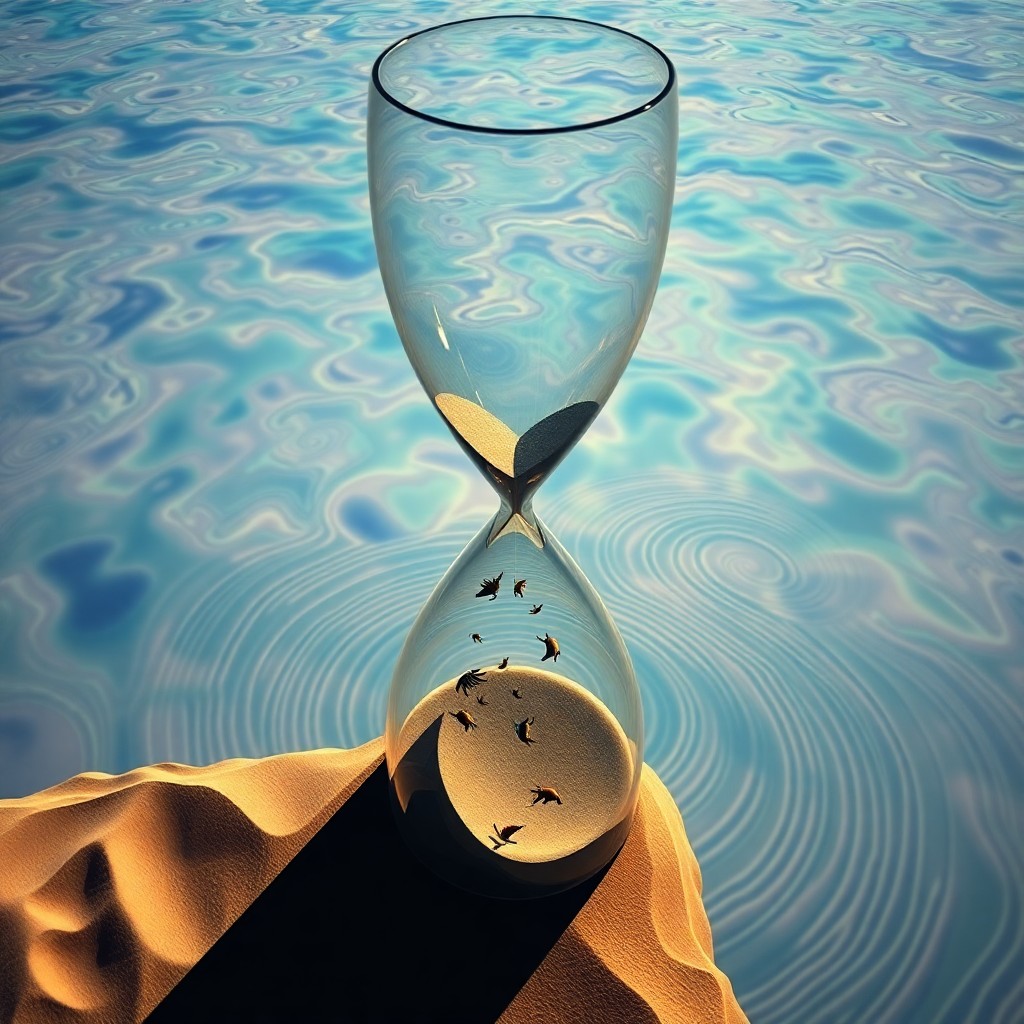 AI generated art for prompt: In a surreal dreamscape reminiscent of Dali-esque imagery, an oversized hourglass looms at the preci