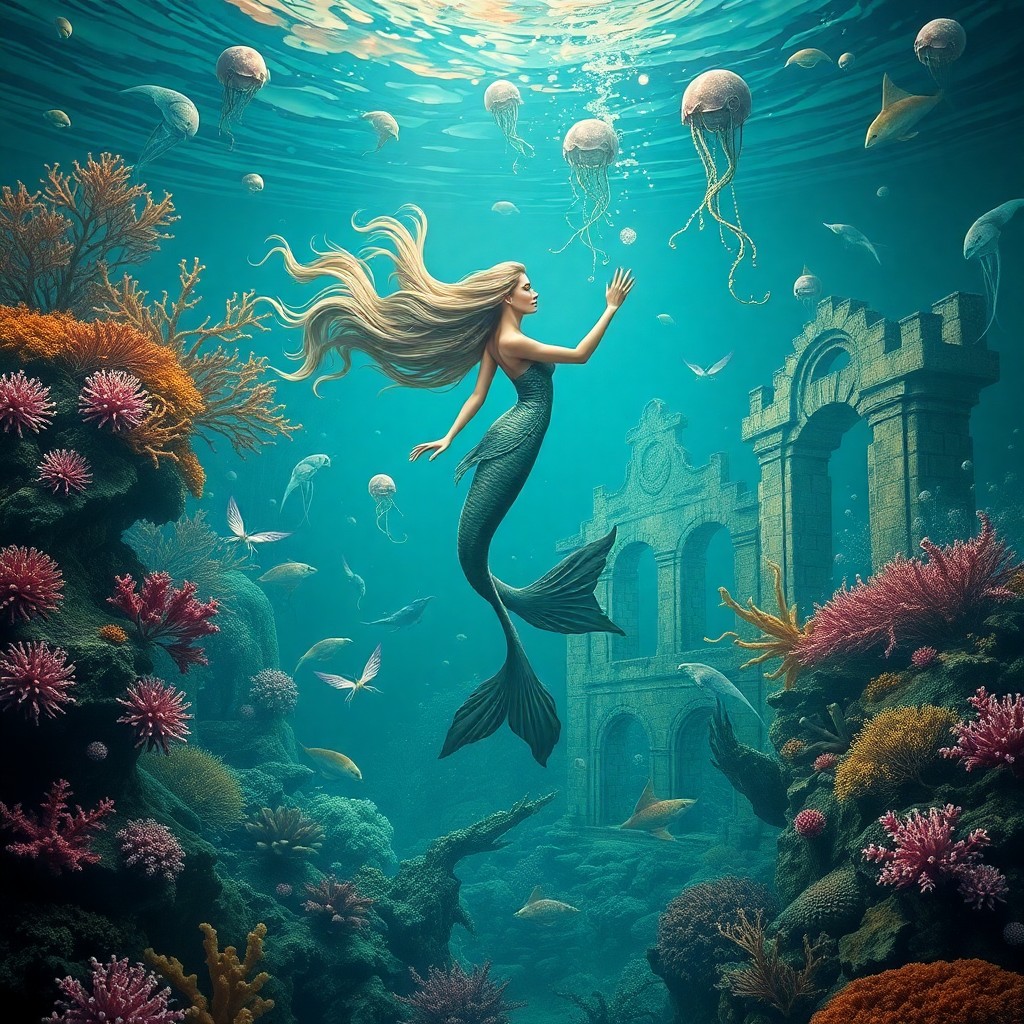 AI generated art for prompt: A surreal underwater scene featuring a graceful mermaid gracefully floating in mid-air among vibrant