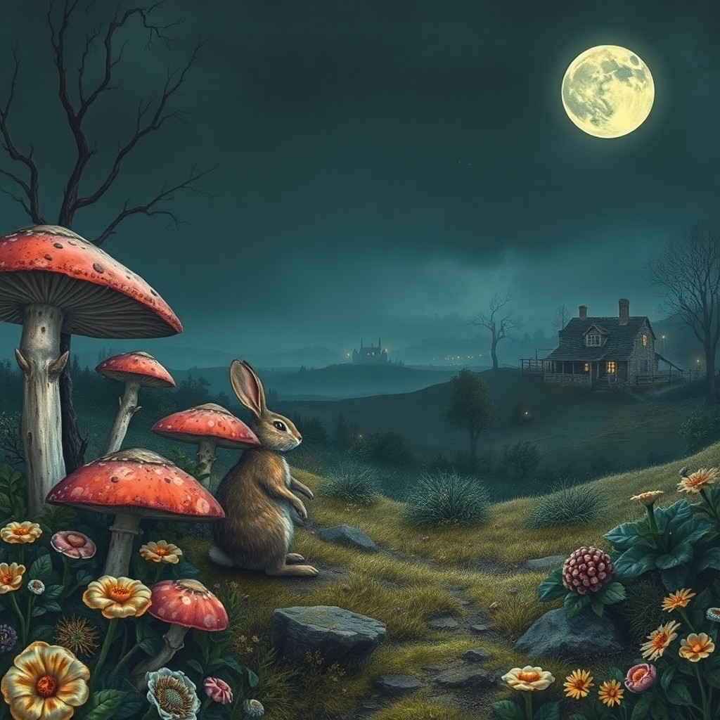 AI generated art for prompt: Craft a surreal, panoramic scene combining Beatrix Potter's whimsical illustrations with Edward Hopp