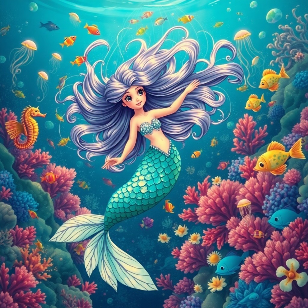 AI generated art for prompt: A whimsical underwater scene, viewed from an insect-like perspective, features a captivating mermaid