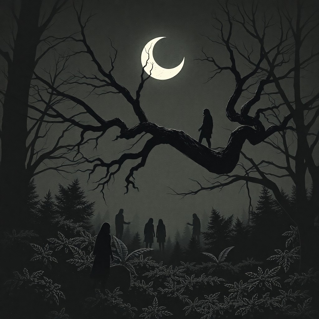 AI generated art for prompt: A mysterious nocturnal woodland panorama emerges under the eerie glow of a crescent moon, reminiscen