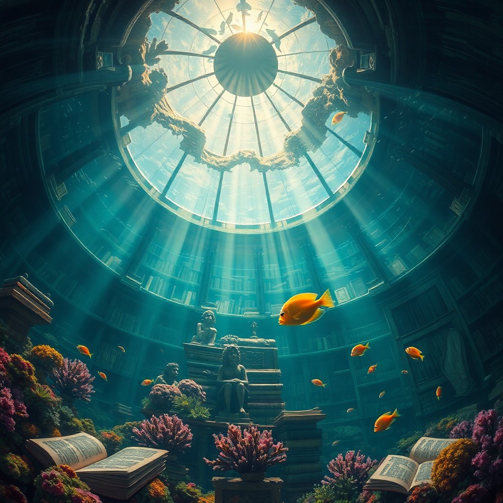 AI generated art for prompt: A tranquil underwater scene is viewed from an unusual angle: looking upwards through a glass dome ce