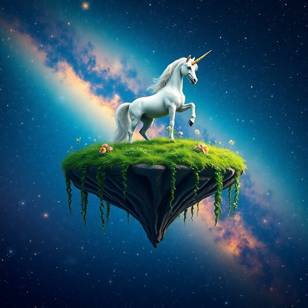 AI generated art for prompt: Create an enchanting dreamscape featuring a majestic unicorn gracefully positioned on a floating isl