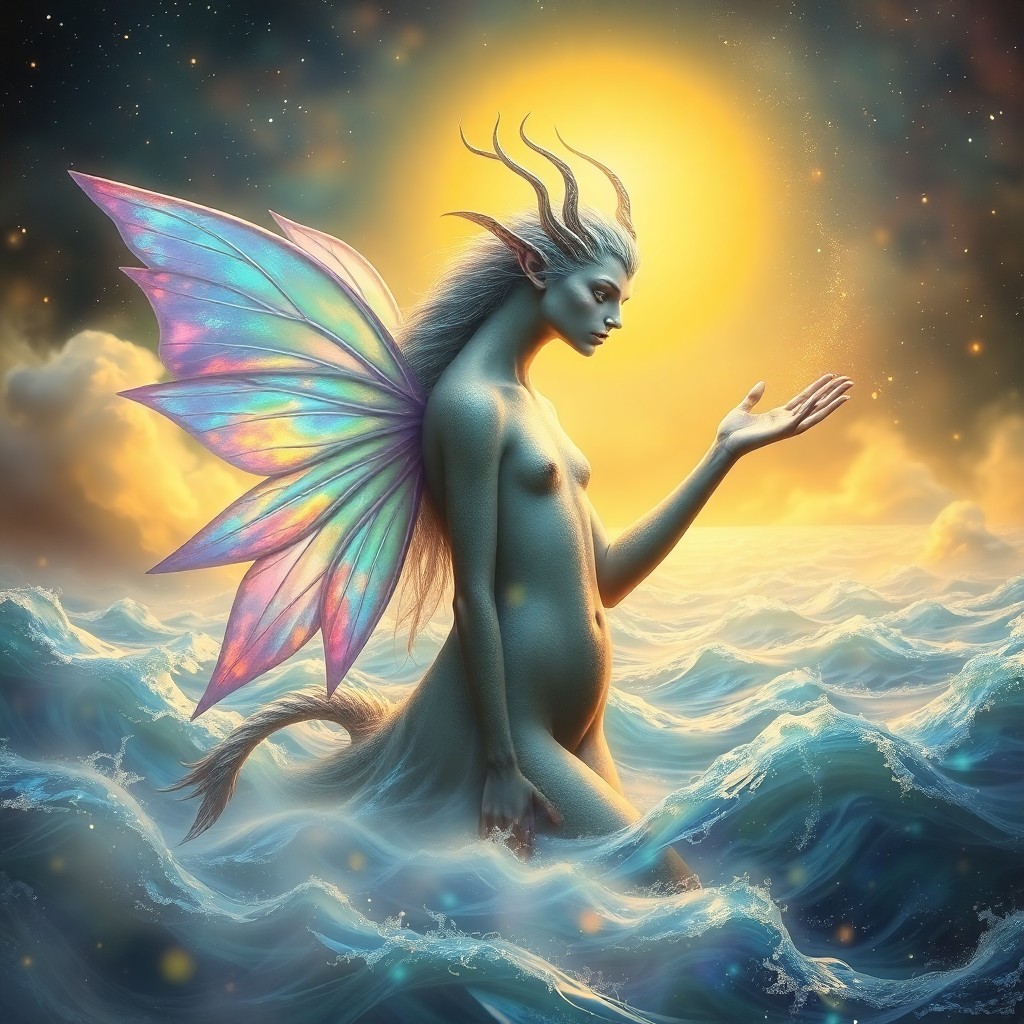 AI generated art for prompt: A portrait of an ethereal creature with iridescent wings captures the enchanting allure of dreamlike