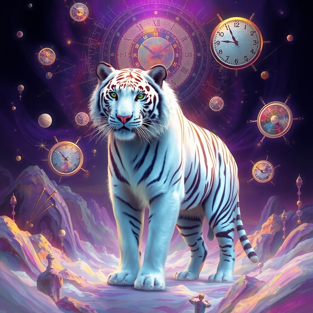 AI generated art for prompt: Imagine a digital painting in an enchanting style that echoes surrealism, where a regal white tiger 