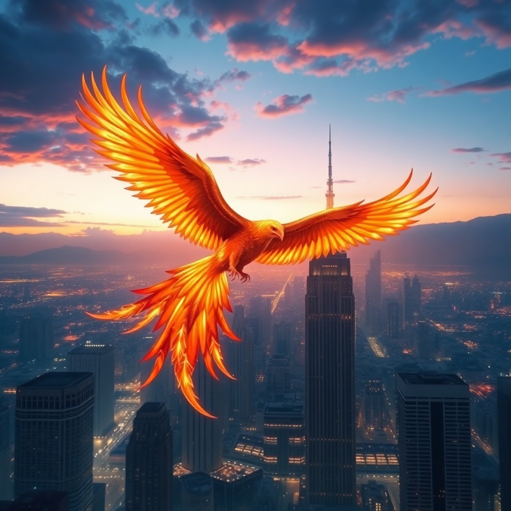 AI generated art for prompt: A captivating digital artwork showcases an awe-inspiring phoenix soaring gracefully over a dynamic c