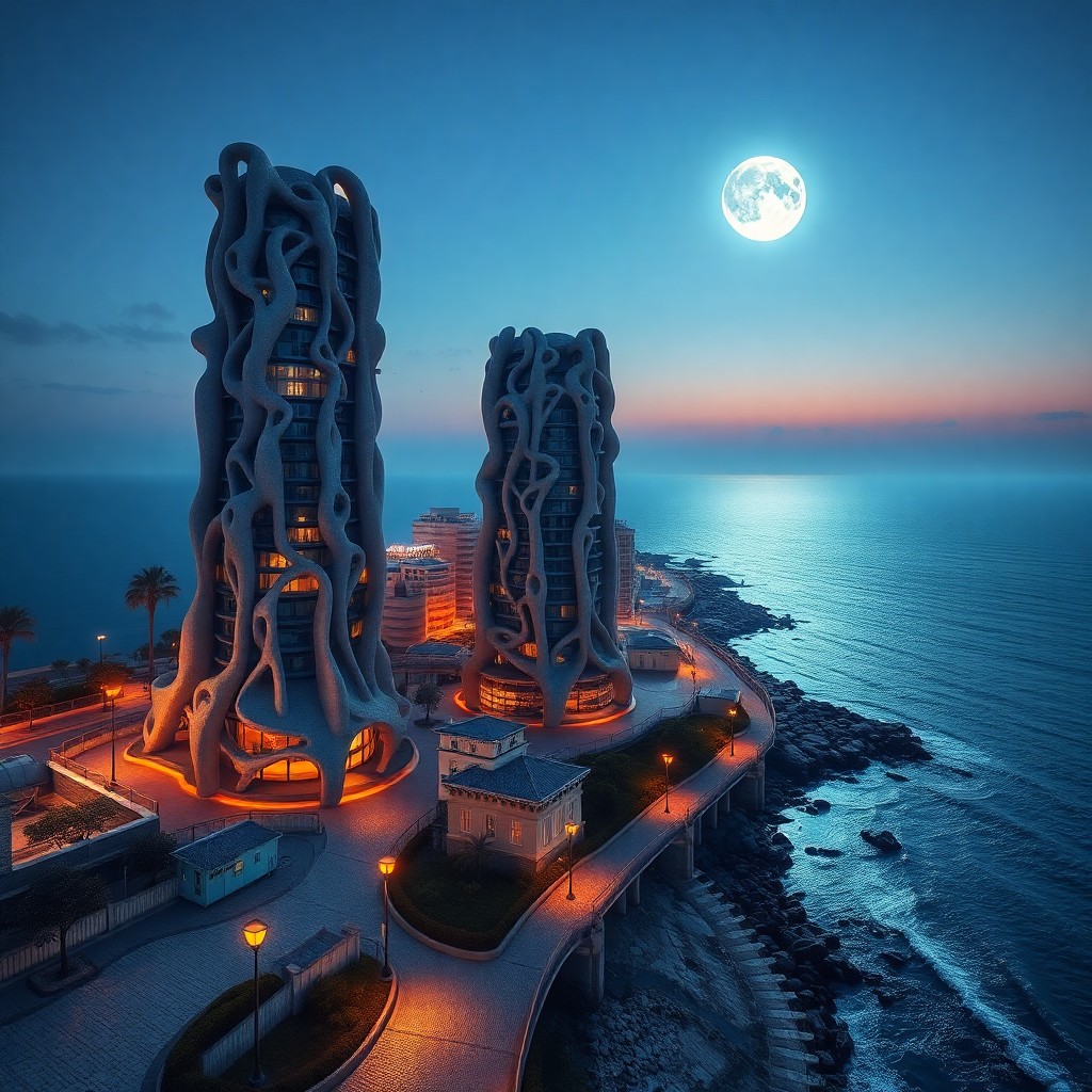 AI generated art for prompt: Visualize a dreamlike urban seascape at twilight, where towering structures are juxtaposed against a