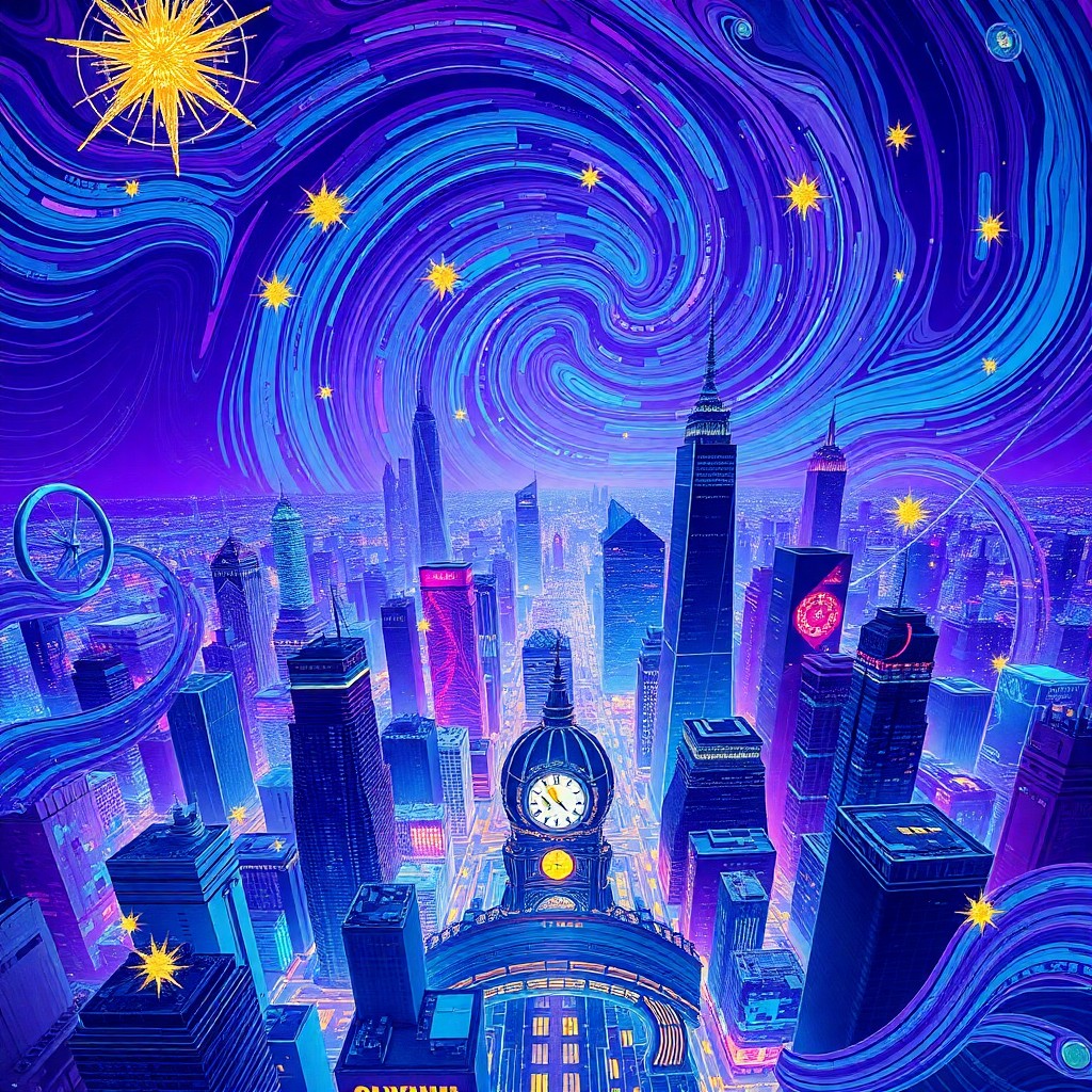 AI generated art for prompt: A surreal digital artwork portraying a futuristic cityscape enveloped in swirling, psychedelic hues 