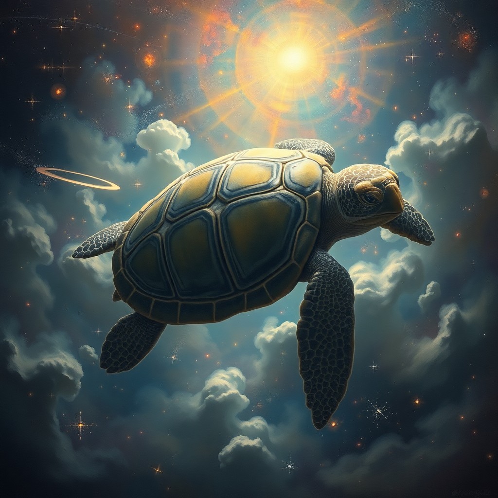 AI generated art for prompt: A wise, old turtle gracefully drifts through an ethereal cosmos, its ancient shell adorned with intr