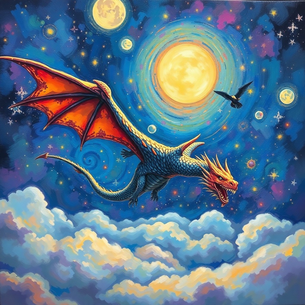 AI generated art for prompt: A mesmerizing oil painting captures the essence of a majestic dragon soaring through a vivid starlit