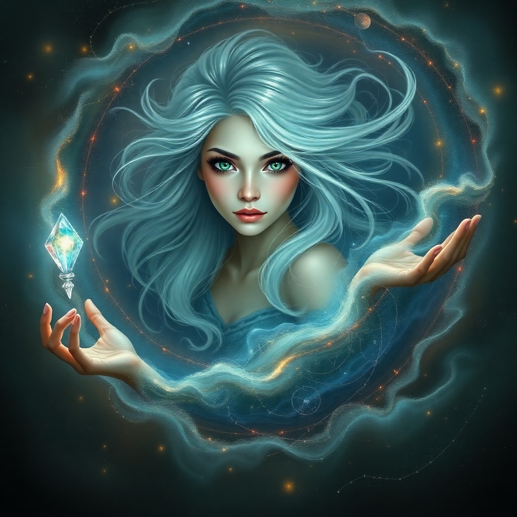 AI generated art for prompt: A captivating portrait depicting an enigmatic celestial figure with emerald eyes and silver hair, gr