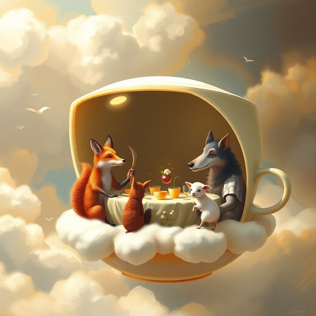 AI generated art for prompt: A whimsical digital painting depicts an enchanting tea party within an oversized teacup floating ami