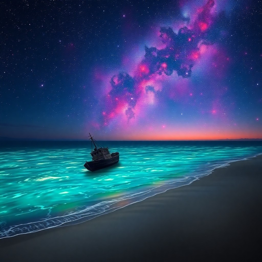 AI generated art for prompt: Envision an enchanting twilight seascape where celestial wonder akin to Van Gogh's cosmic creations 