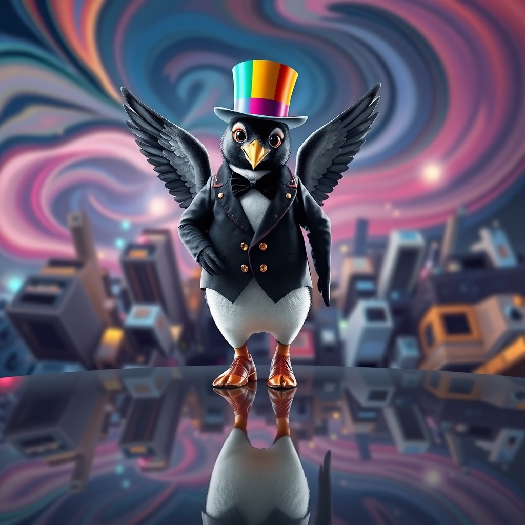 AI generated art for prompt: A whimsical digital art portrait showcases an enigmatic anthropomorphic penguin exuding confidence i