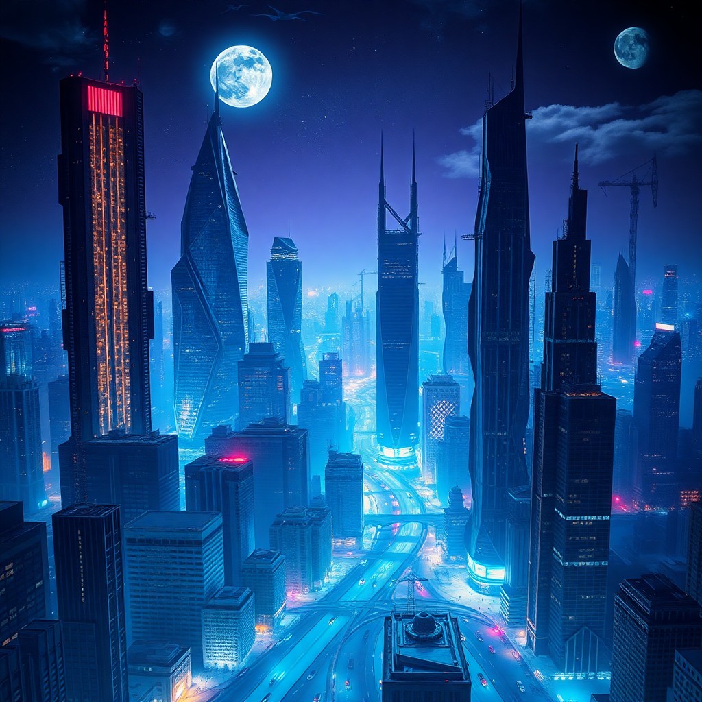 AI generated art for prompt: Create an aerial view image of a surreal nocturnal cityscape with towering skyscrapers transforming 