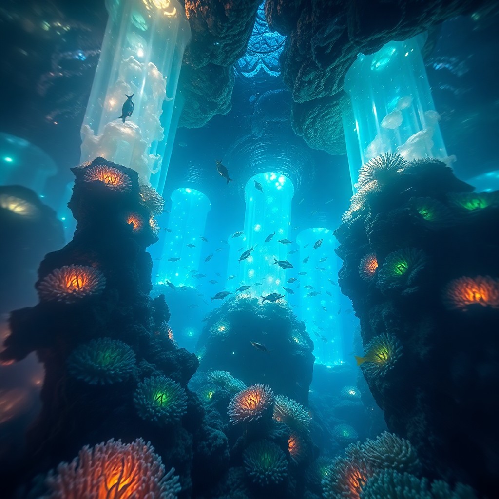 AI generated art for prompt: A captivating digital artwork showcases an enchanting underwater haven, bathed in the soft luminesce