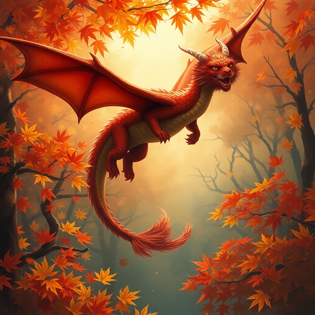 AI generated art for prompt: Craft an alluring digital piece portraying a regal dragon gliding above a lively autumn woodland, ec