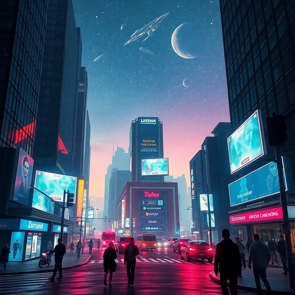 AI generated art for prompt: A digital artwork portraying a lively cyberpunk street corner at night from an elevated perspective.