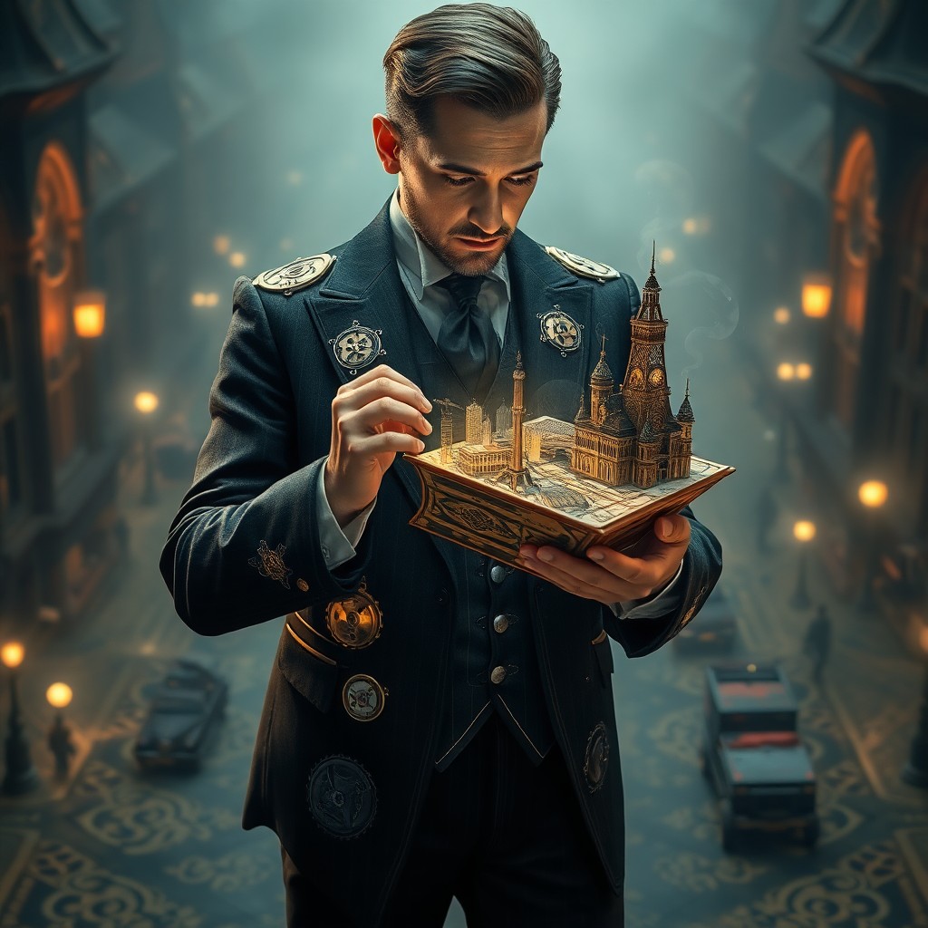 AI generated art for prompt: A captivating blend of Victorian elegance and steampunk ingenuity portrays an enigmatic character: a